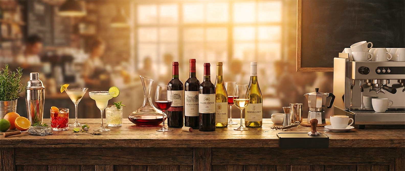 A collection of fine wines and cocktails available at Baci.